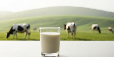 Glass of fresh milk with cows grazing in background. photo