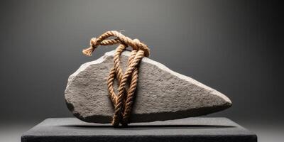 primitive stone tool tied with rope on black background. photo
