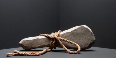 primitive stone tool tied with rope on black background. photo