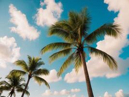 Lush palm trees under a bright azure sky with fluffy clouds creating a serene tropical atmosphere. photo