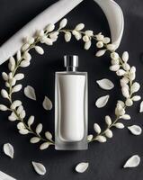 Perfume bottle on dark background surrounded by freesia flowers and petals. photo