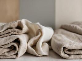 Folded rustic linen textures in neutral tones for background. photo