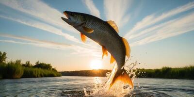 Leaping Fish in Sparkling River at Sunset. photo