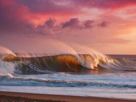 Majestic ocean waves crashing on the shore at sunset creating a dramatic coastal scene. photo