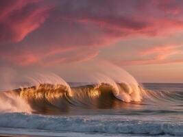 Majestic ocean waves crashing on the shore at sunset creating a dramatic coastal scene. photo