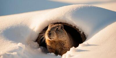 Groundhog Emerging from Snowy Burrow in Golden Light. photo