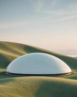 Futuristic Dome Structure Nestled Among Rolling Hillsides in a Serene Landscape During Golden Hour with Soft Natural Light and Elegant Curvature. photo