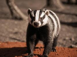 Honey badger stand on soil in natural habitat. photo