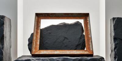 Square rhombus frame in rusted metal on a dark stone background. photo