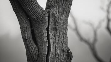 A close up of a tree trunk with a crack in it. photo