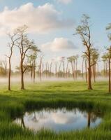 A small pond in the middle of a grassy field surrounded by trees. photo