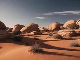 Rugged Sandstone Formations in Desert Landscape with Sparse Vegetation. photo