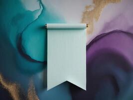 An abstract background wallpaper designed in alcohol ink colors with a light turquoise banner. photo