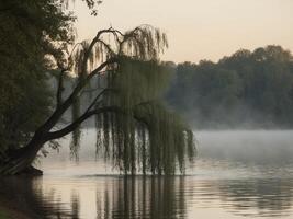 Scenic Lake Landscape with Majestic Willow. photo