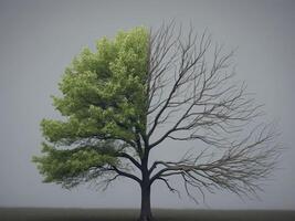 Tree Half in Lush Leaves Half Bare Reflecting Climate Change Effects. photo
