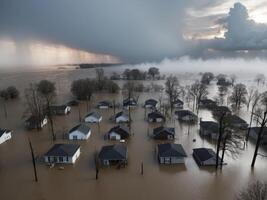 Aerial view of a residential area affected by flooding with houses and trees submerged in water. photo