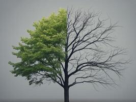 Tree Half in Lush Leaves Half Bare Reflecting Climate Change Effects. photo