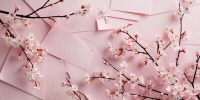Soft pastel pink background adorned with delicate cherry blossoms in full bloom creating a serene and tranquil atmosphere. photo