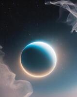 Serene Blue Planet Floating in Starry Universe with Glowing Atmosphere. photo