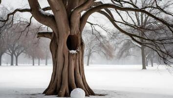 A snowball resting near the base of a tree with a hollow trunk in a snowy park. photo