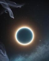 Serene Blue Planet Floating in Starry Universe with Glowing Atmosphere. photo