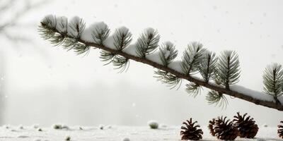 A pine tree with snow on it and pine cones on the ground. photo