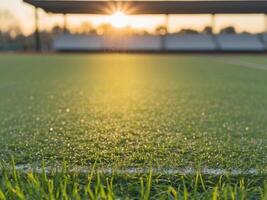 A serene view of a sunlit sports field with sparkling dew on the grass at sunset. photo