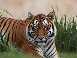 A striking tiger resting in the tall grass the jungle. photo