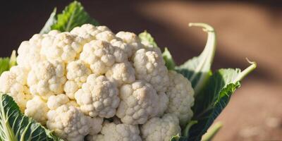 A close up of a head of cauliflower growing in a garden. photo