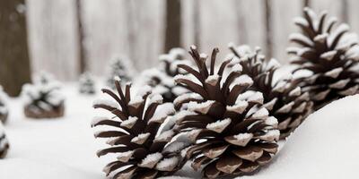 A group of pine cones are covered in snow and are sitting on the ground. photo