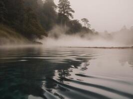 Tranquil Hot Spring with Rippling Water and Misty Atmosphere in a Serene Natural Setting. photo