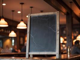 A rustic chalkboard stands on a wooden bar in a cozy pub during evening hours. photo