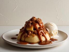 A warm apple crumble topped with salted caramel sauce and a scoop of vanilla ice cream. photo