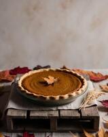 Rustic autumn scene with pumpkin pie and fall leaves. photo