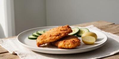 A plate of chicken schnitzel with cucumbers and potatoes on a table. photo