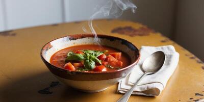Steaming tomato basil soup in rustic bowl on wooden table. photo