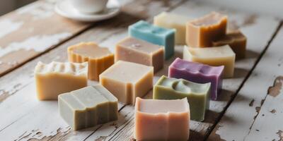 Assorted Colorful Homemade Soap Bars on Rustic Wooden Surface. photo