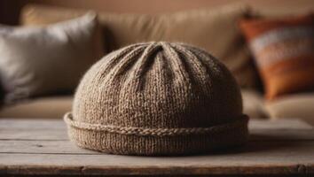 A cozy knitted cap resting on a wooden table with a warm and rustic background. photo