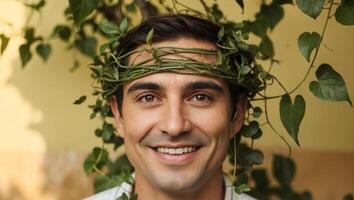 A man with a wreath of green leaves on his head photo
