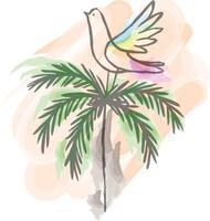 Abstract Bird Perched on Tropical Palm Branch tree Watercolor Illustration Colorful vector