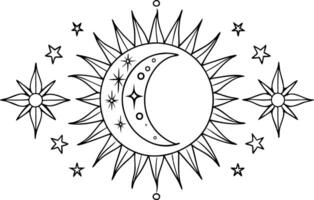 A mystical outlined illustration with a sun and a crescent moon. vector