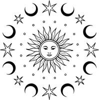 A mystical outlined illustration with a sun and a moon. vector