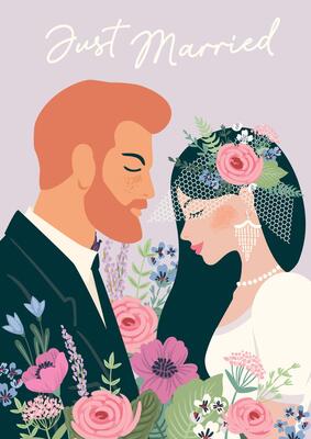 illustration with bride and groom in flowers. Design element for wedding concept and other uses
