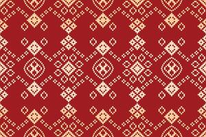 Ethnic pixel pattern cross stitch with red color background fabric pattern pixel design. vector