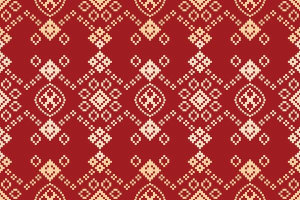 Ethnic pixel pattern cross stitch with red color background fabric pattern pixel design.