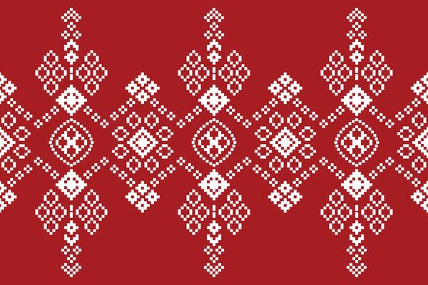 Red color ethnic pixel pattern design red background fabric pattern wallpaper.