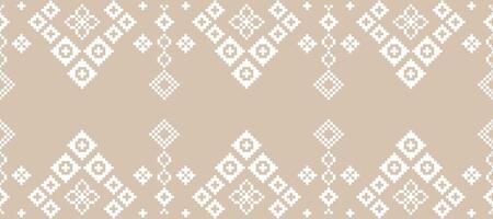 Cross stitch with cream brown color background etnic pattern motif fabric pattern pixel art. vector