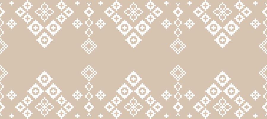 Cross stitch with cream brown color background etnic pattern motif fabric pattern pixel art.