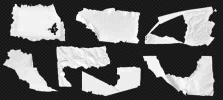 Torn grain paper rip background with scrap edges and noise texture at the transparent bg as a . White cutout shapes and abstract pieces create a vintage banner or label. vector