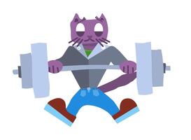 purple cat in biker jacket with barbell in hands vector